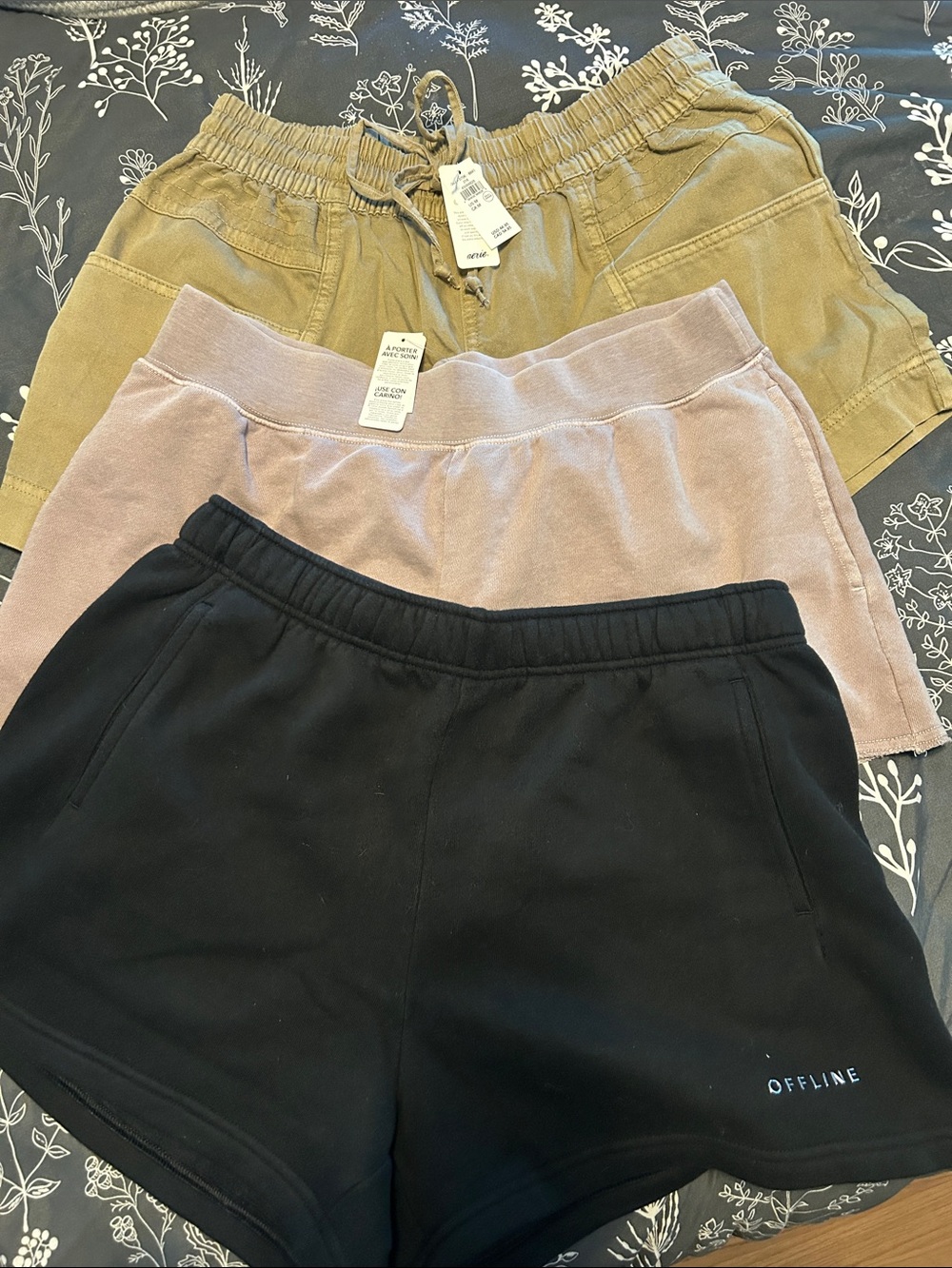 aerie Black and Tan  Shorts Trio- 2 cotton athletic 1 cargo khaki